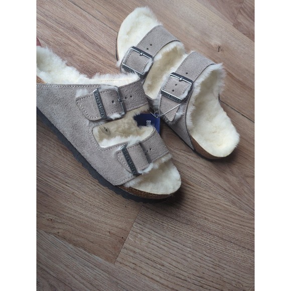 Birkenstock Arizona Stone Grey Fur Shearling Suede Sandals - Picture 4 of 14